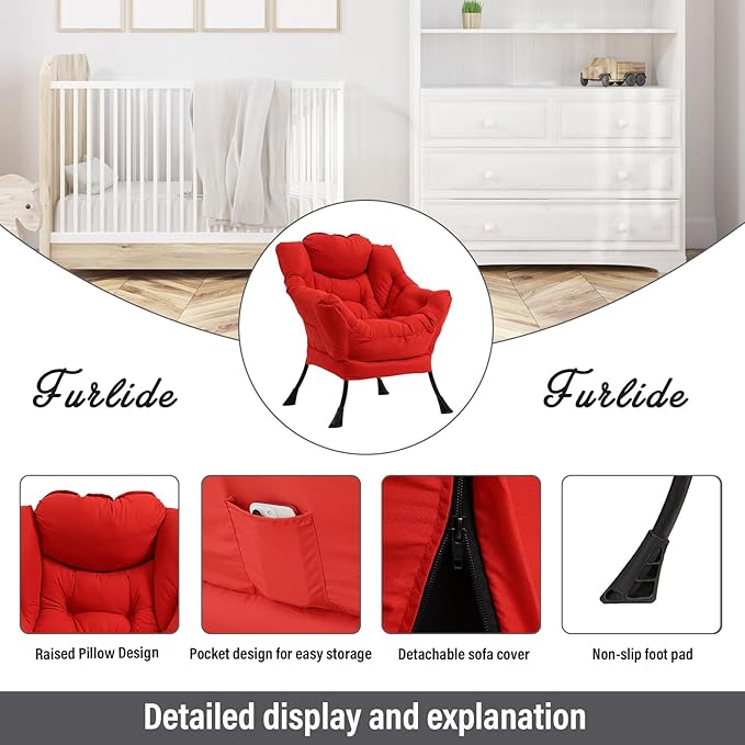 Lazy Chair with Ottoman, Modern Chair with Folding Footrest, Red Accent Chair, Comfortable Reading Chair, Oversized Armchairs for Bedroom, Study, Living Room, Courtyard