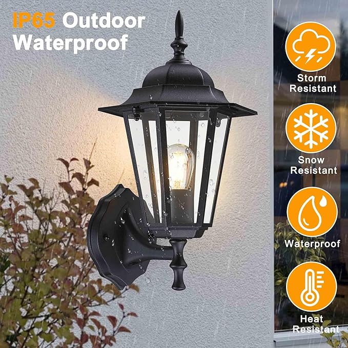 Outdoor Wall Lantern, Exterior Waterproof Wall Light Fixtures with Clear Glass, Die-Aluminum Porch Light, Anti-Rust Outside Lighting for Patio Front Door Entryway, Matte Black, 2-Pack