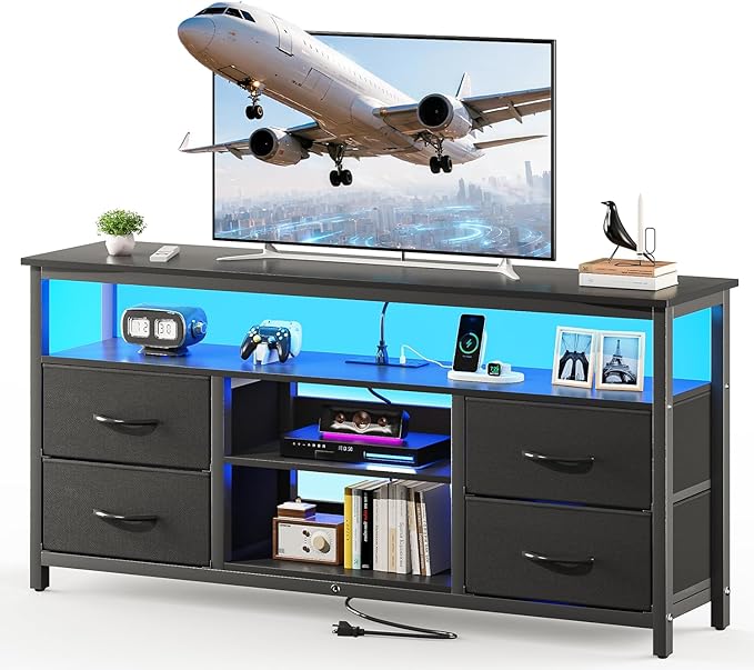 Haewon TV Stand for Televisions up to 65 Inches, Entertainment Center with LED Lights and Charging Station, TV Media Console Table with 4 Fabric Drawers and Open Shelf for Living Room, Black
