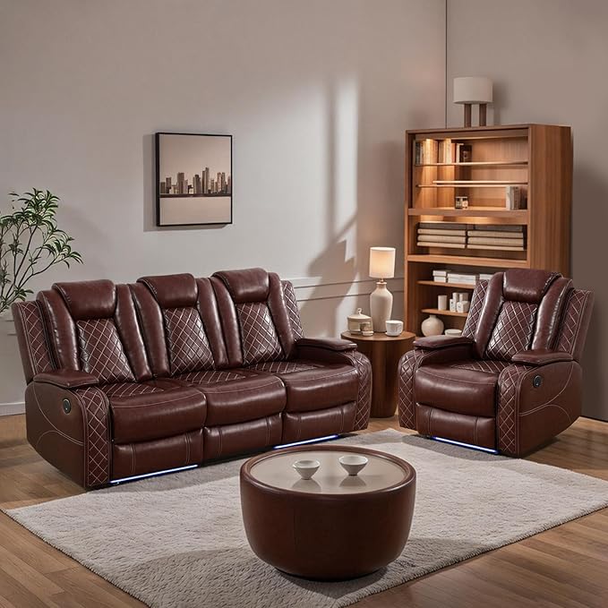 Power Recliner Sofa Set for Living Room Furniture Set, Leather Reclining Sofa and Chair with Drop-Down Table, Hidden Storage for Home Theater Seating (Sofa and Chair, Red)