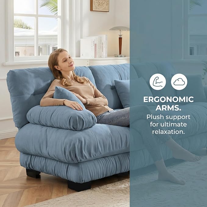 133.8" L-Shaped Cloud Couch, Oversized Modular Sectional Sofa, Deep Seat Cloud Boneless Couch, 3-Seat Modular Sectional Sofa with Ottoman or Living Room,Bedroom and Apartment, Blue