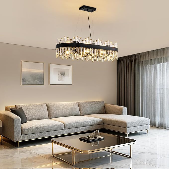 CROSSIO Modern Black Crystal Chandelier, 16-Light Rectangular 2-Tiers K9 Crystal Raindrop Chandelier, Luxury Flush Mount Hanging Ceiling Light for Dining Room Living Room Kitchen Island L35.4''