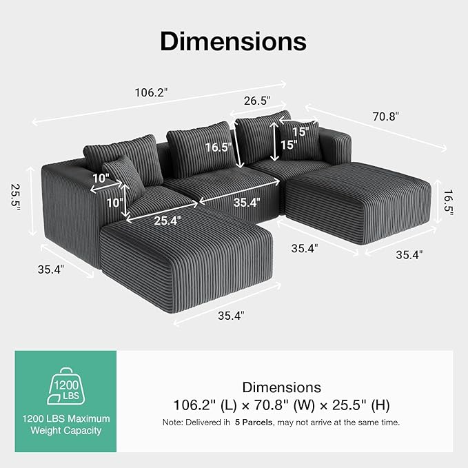 Novilla 106" Modular Sectional Sofa, Modern Cloud Sectional Couch with Smarts Coil® Support, U-Shape Boneless Couch for Living Room Apartments, No Assembly Required, Dark Gray (3 Seat w/ 2 Ottoman)