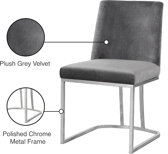 Meridian Furniture Heidi Collection Modern | Contemporary Velvet Upholstered Dining Chair with Polished Chrome Metal Frame, Set of 2, 19" W x 23" D x 32" H, Grey