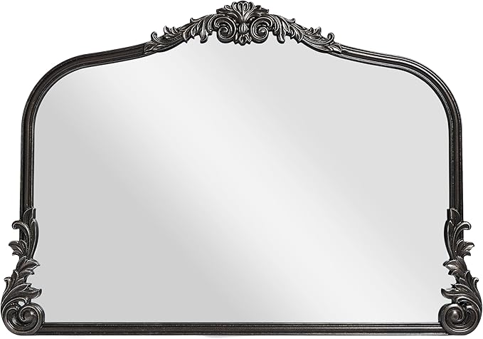 English Estate Carved Arch Wood Wall Mirror, Mirror for Entryway, Living Room, Bathroom, Distressed Black, 26x37