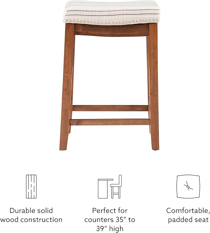 Linon Kingston Natural Wood with Upholstered Linen seat 24 Inch Seat Height Backless Counter Stool