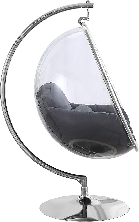 Meridian Furniture 507Grey Luna Collection Modern | Contemporary Clear Acrylic Accent Swing Chair with Durable Metal Base and Fabric Seat, Grey, Chrome Finish, 41.5" W x 29.5" D x 64" H