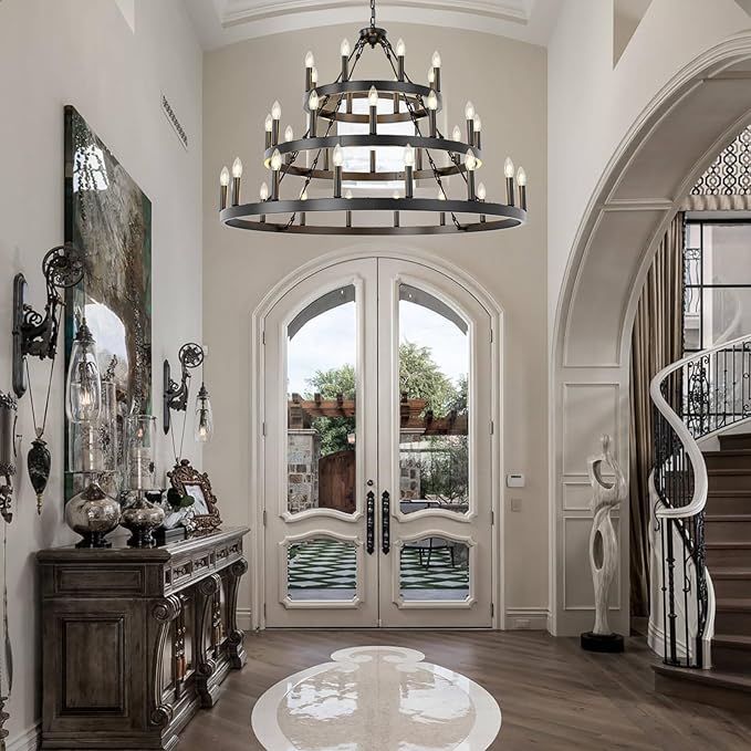 48 Inch Extra Large Black Wagon Wheel Chandelier, 3 Tier 36-Lights Farmhouse Pendant Light Fixture, Horse Wheel Lamp for High Ceiling Living Room, Dining Room, Hall, Porch, Stairs, Entrance, Passage