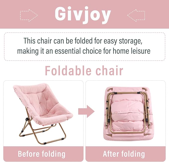 Comfy Folded Chair, Soft Faux Fur Oversized Folding Chair, Flexible Lazy Chair for Kids Girls Teens Adults, Metal Frame Moon Chair for Dorm Rooms, Bedroom, Living Room