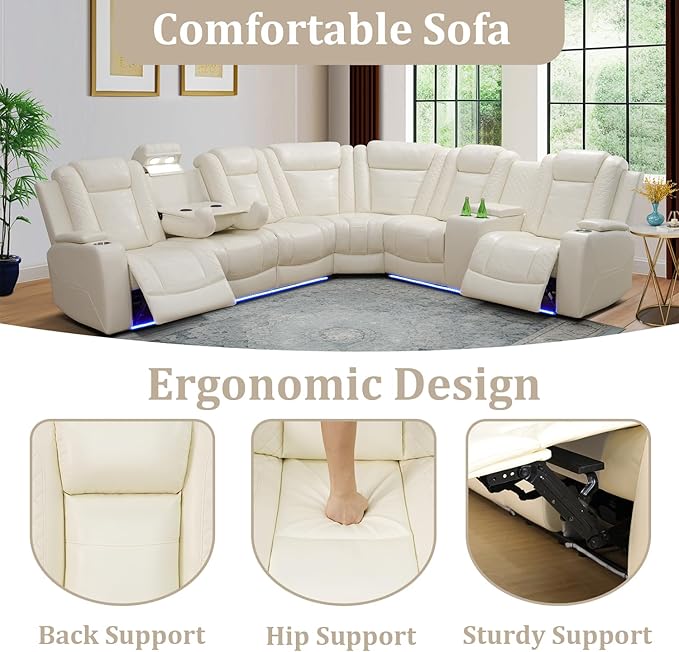Power Reclining Sectional Sofa Set with LED Lights, Vegan Leather Recliner Sectional Couch for Living Room Furniture,Wireless Charging/USB Charging/Reading Lamp/Armrest Storage,White Pro