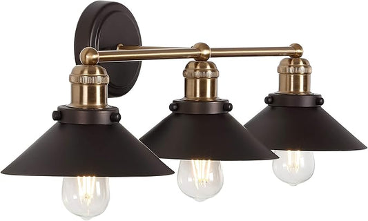 JONATHAN Y 26.5" Oil Rubbed Bronze/Brass Gold 3-Light Industrial Farmhouse Metal Vanity Light Wall Sconce, Metal Shade for Bathroom Mirror, Kitchen, Entryway, LED Bulb Included (JYL7428C)