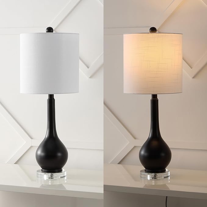 JONATHAN Y 25" Oil Rubbed Bronze Metal and Crystal Teardrop LED Table Lamp for Bedroom Living Room Bedside Nightstand, White Linen Drum Shade, LED Bulb Included, Set of 2 (JYL5010C-SET2)