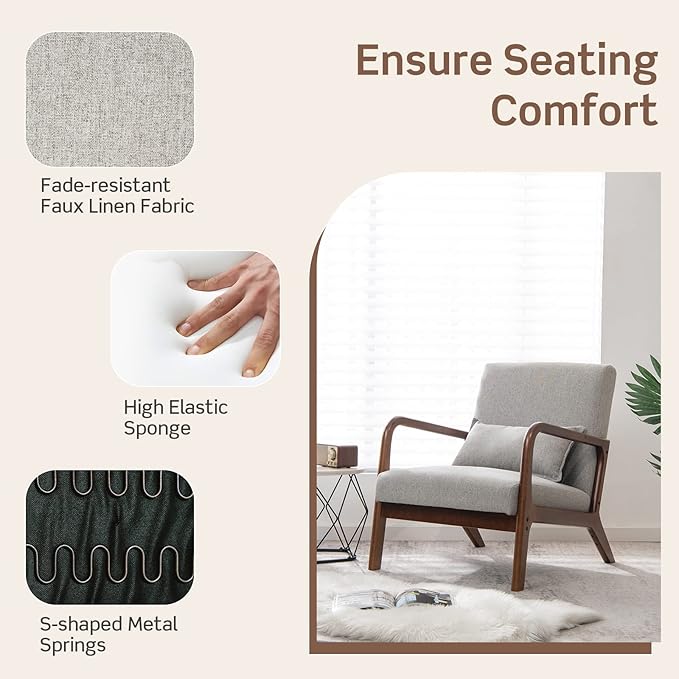 Giantex Modern Accent Chair with Pillow - Comfy Upholstered Lounge Armchair with Anti-Slip Felt Pads, Wooden Frame Soft Padded Arm Chairs for Living Room, Bedroom, Study, Grey