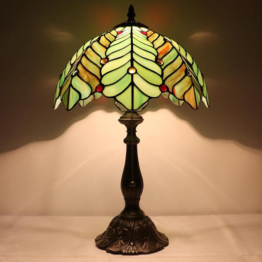 Tiffany Lamp Stained Glass Table Lamp Bedside Reading Light W12H19 Inches (Brown Green Leaf)