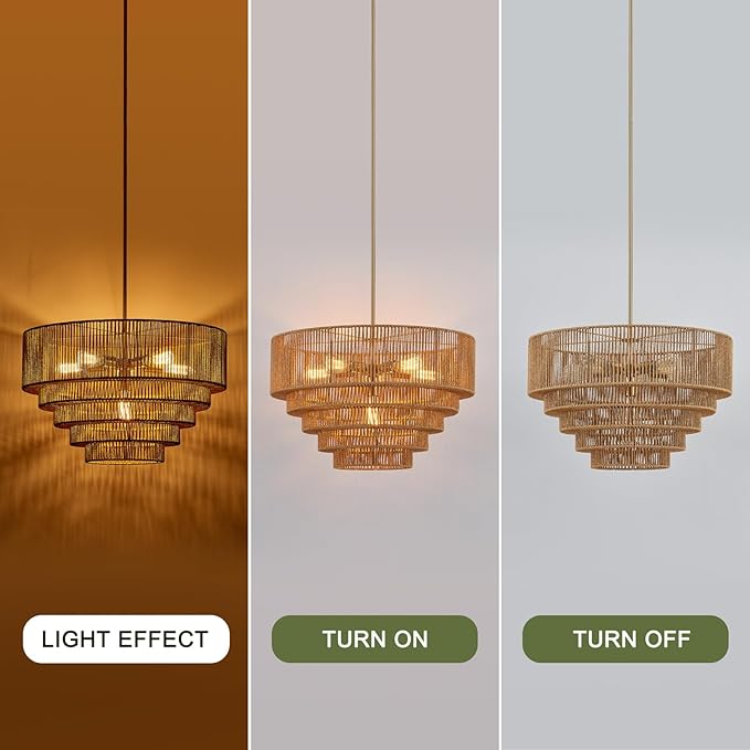 25.6" Boho Rattan Chandelier Light Fixture 6-Light Hand-Woven Bamboo Vintage Farmhouse Chandelier Drum Wicker Golden Chandeliers for Dining Room, Living Room, Kitchen Island, Bedroom, Foyer