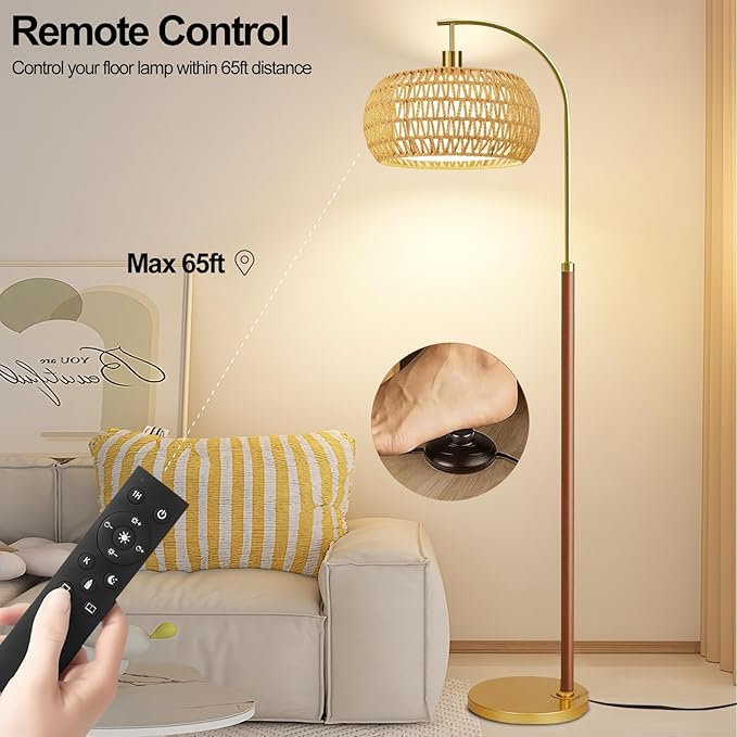 Wood Floor Lamps for Living Room,Boho Floor Lamp with Remote Control & 3 Color Temperatures,Dimmable Mid Century Modern Standing Lamp Vintage Tall Rattan Floor Lamp for Bedroom Corner