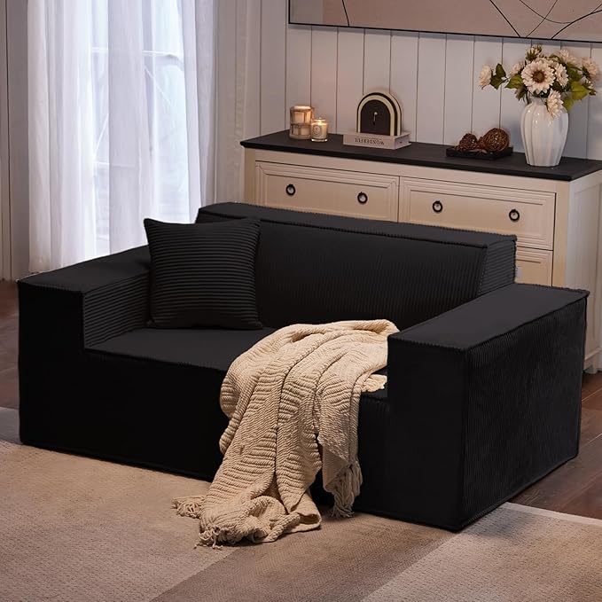 SUYOLS Corduroy Cloud Couch with Pillow, Premium Memory Foam, No Assembly Required, Deep Seat Sofa in Box, Space-Saving Chair for Home, Living Room, Bedroom, Apartment, Office, Loveseat, Dark Gray