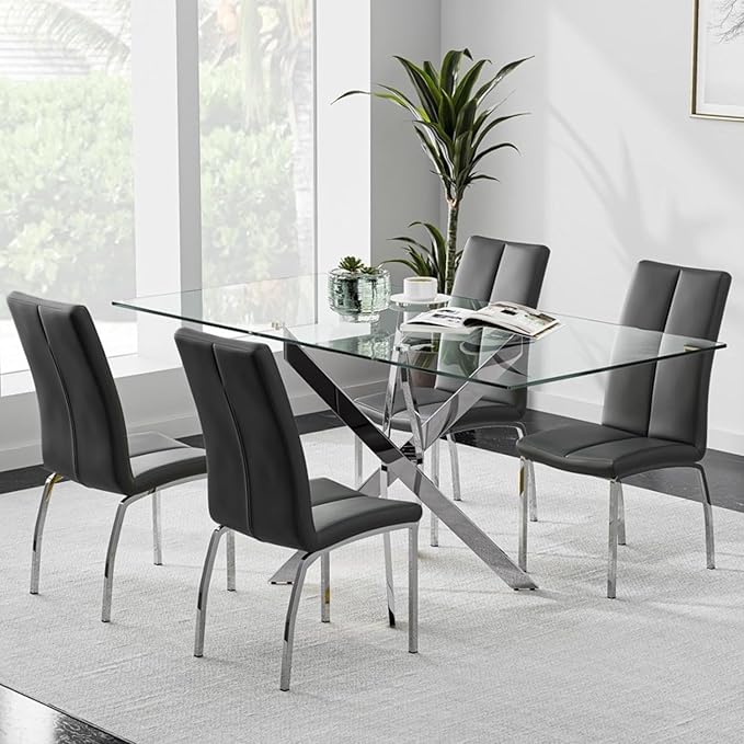 Tempered Glass Dining Table with Chromed Legs, 47in Rectangular Kitchen Table for Kitchen Dining Room Home Office (47.24 * 27.55, White/Silver)