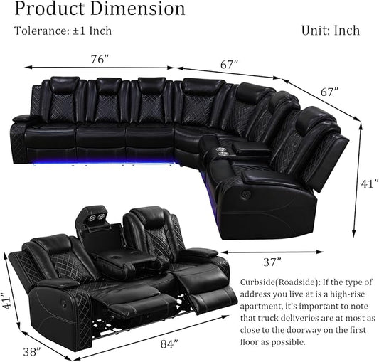 Power Reclinier Sectional Sofa Set,Black Leather Reclining Sectional Modular Couch Set,L Shaped Leather Couch with LED Light for Living Room/House/Apartment/Lounge/Club(L+3 Seats Sofa)