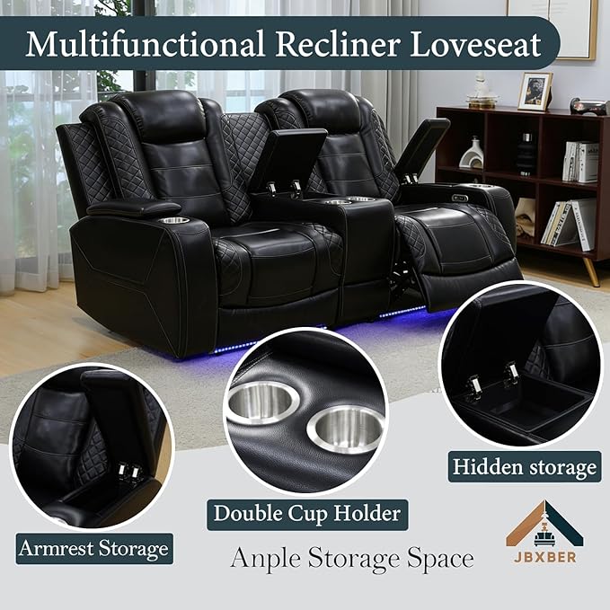 Power Recliner Sectional Sofa Set, Black Leather Sectional Couch and Loveseat for Living Room, L Shape Reclining Sofa with Cup Holder, Hidden Storage, Drop-Down Table for House(8 Seat)
