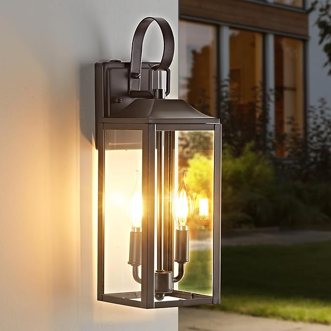 OKELI 17.6" Dusk to Dawn Outdoor Wall Light, Large Exterior Porch Lighting 2-Light Farmhouse Outside Lantern Lights with Clear Glass Waterproof Wall Sconces Lamp for House Garage, Brown