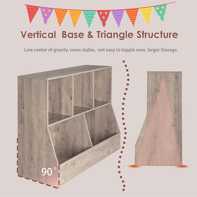 DINZI LVJ Toy Storage Organizer, Kids Bookshelf, Wood Toy Storage Cabinet, 5 Cubby Children Bookcase, 39.4" L Toddler Book Shelf for Playroom, Living Room, Nursery, Hallway, School, Greige
