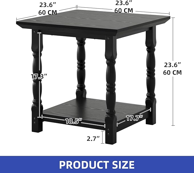 DWVO Farmhouse Square Coffee Table, Antique Accent Side Table with Floor Shelf, 23.6"x 23.6" Living Room Furniture, Black