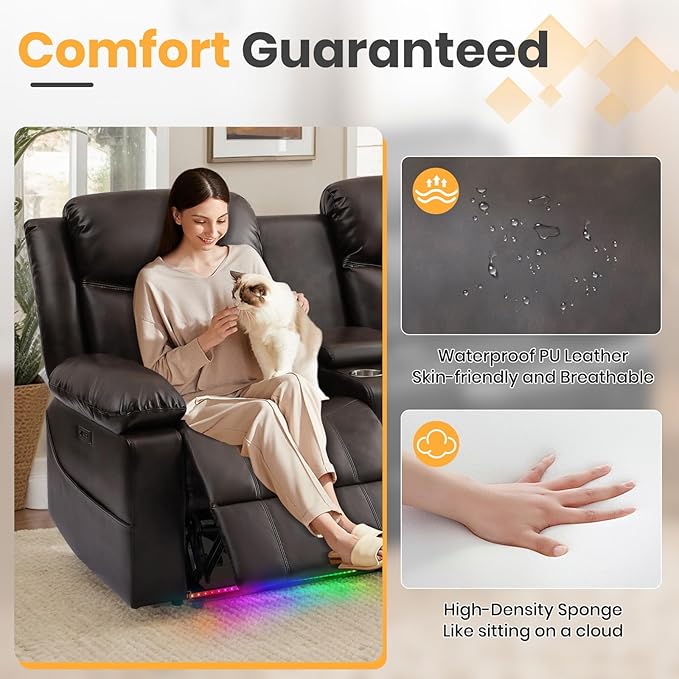 Power Loveseat Recliner Sofa with Console, Electric Reclining Couch with Colorful Light/Storage/USB/Type C, RV Wall Hugger Recliners Loveseat for Living Room & Home Theater & RV