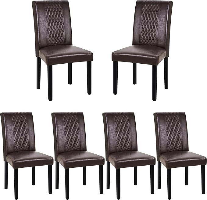 VECELO Dining Chairs Set of 6, Upholstered PU Leather Wood Legs High Back for Kitchen Living Room, Coffee