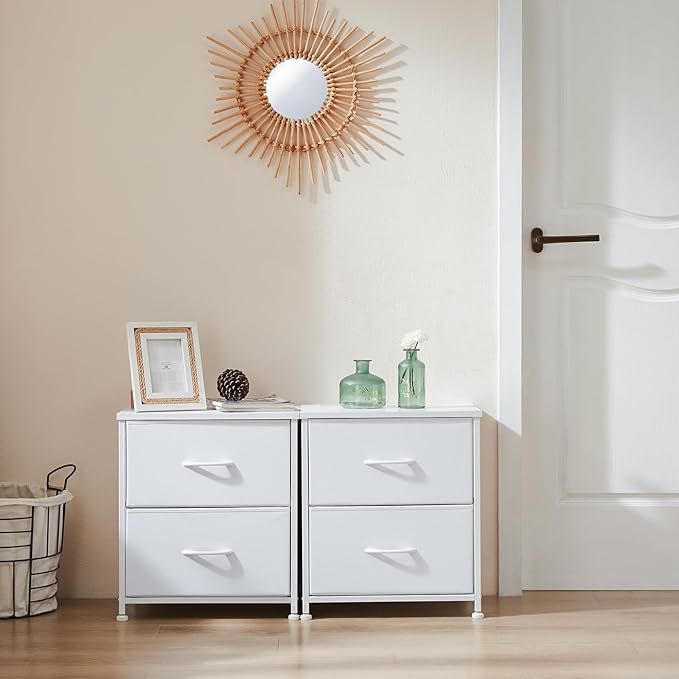 NEWBULIG Nightstand with 2 Fabric Drawers, 25 Inch Tall Small Dresser, Bedside Table with Storage for Bedroom, Closet, Entryway, Dorm, 2 Pack with Sturdy Frame and Compact Design, White02