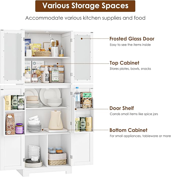 Tall Kitchen Pantry, 67-Inch High Freestanding Tall Cupboard Storage Cabinet with Glass Doors and Shelves, Modern Food Pantry Cabinet Cupboard White for Kitchen, Dining Room, Home bar