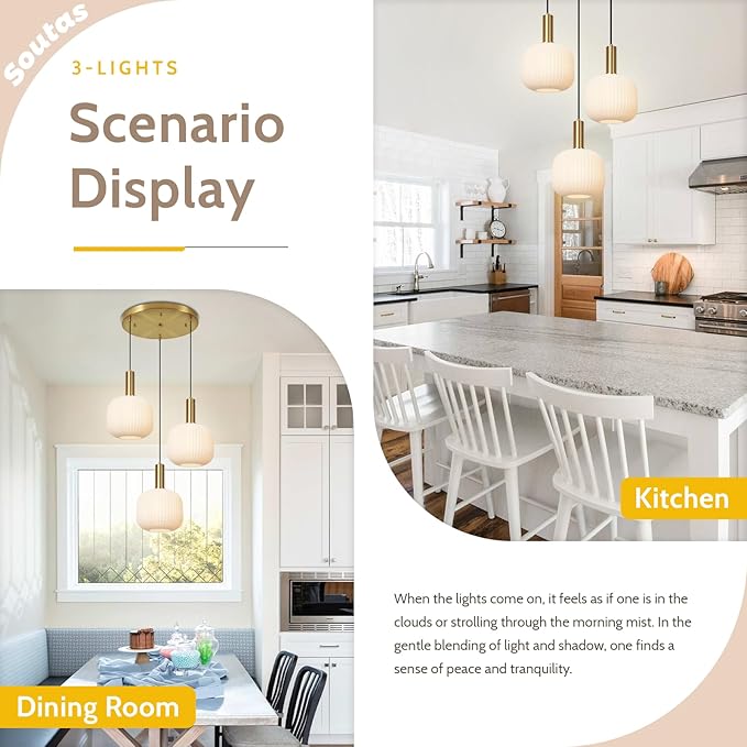 3 Light Cluster Chandelier Milk Glass Pendant Lights Kitchen Island Light Fixtures Ceiling Hanging with Striped Globe Shade Mid Century Modern White and Gold Pendant Light Over Dining Table