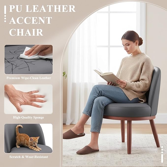 Accent Chair Set of 1, PU Leather Mid-Century Modern Chair for Small Space, Comfy Upholstered Armless Chair, for Living Room, Bedroom, Dark Gray