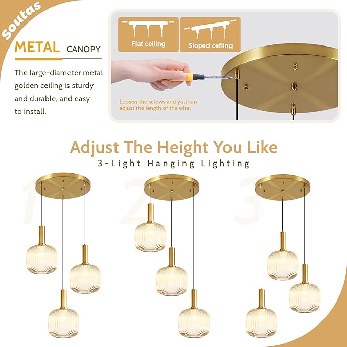 Gold Cluster Pendant Lights, 3-Light Dining Room Light Fixture Over Table, Modern Kitchen Island Chandelier, Multi Light Pendant Lighting Fixtures Ceiling Hanging with Amber Glass Shade