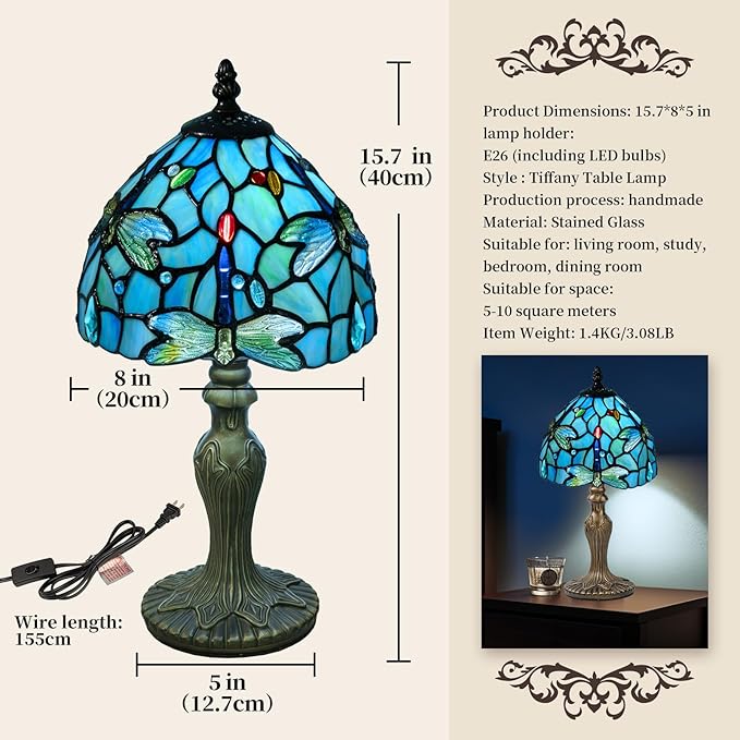 Small Tiffany Table Lamp, 3 Color-Temperature Dragonfly Stained Glass Lamp,8 Inch Tiffany Style Lamp for Bedroom Living Room Home, Handcrafted Light, Included Bulb (Blue)