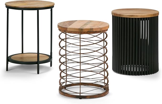 SIMPLIHOME Demy Metal and Wood Accent Table - 18 inch Wide Solid Metal Round End Table in Natural and Black, Industrial Side Table or Coffee Table for Living Room with Compact Design, Assembled | Side Table, Industrial Style, Assembled