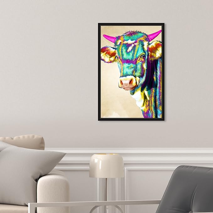 Country Farmhouse Canvas Print Painting Animal Wall Art 'Fun Colorful Glam Farm Cow' Black Framed Canvas Rustic Home Décor 10x15 in Green, Pink by Oliver Gal