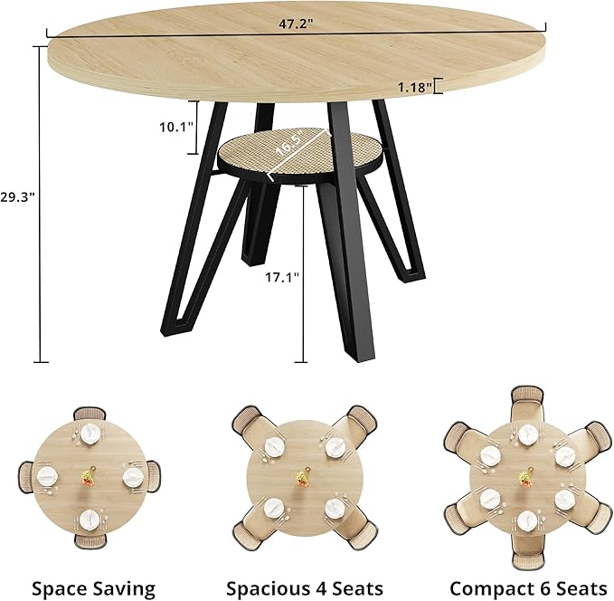 LIKIMIO Round Dining Table for 4, 47.2” Wooden Kitchen Table with Rattan Storage Shelf, Space-Saving for Modern Dining Room, Living Room, Natural
