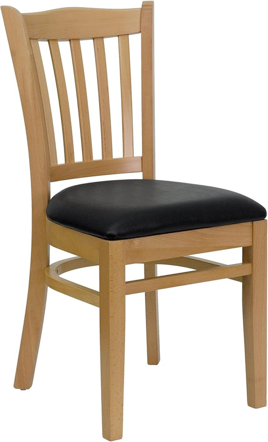 Flash Furniture HERCULES Series Vertical Slat Back Natural Wood Restaurant Chair - Black Vinyl Seat