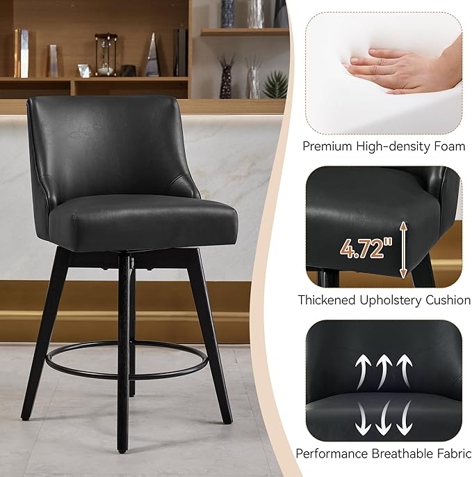 Vipbear Counter Height Bar Stools Set of 3, 26" H Swivel Bar Stools with Backs, PU Leather Upholstered Bar Chairs with Solid Wood Legs for Kitchen Island, Dining Room, Home Bar, Black