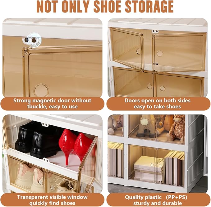 8-Tier Foldable Shoes Rack Organizer Clear Plastic Shoes Rack for Closet Shelf Collapsible Large Storage Box Stackable Easy Assembly Shoe Cabinet with Lids and Door(for 32 Pairs)