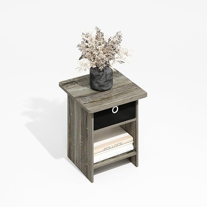Furinno Modern Side Table, Square End Table with Storage Bin, Round Corner Night Stand, Bedside Table with Storage Shelf, for Living Room, Bedroom, Grey Oak