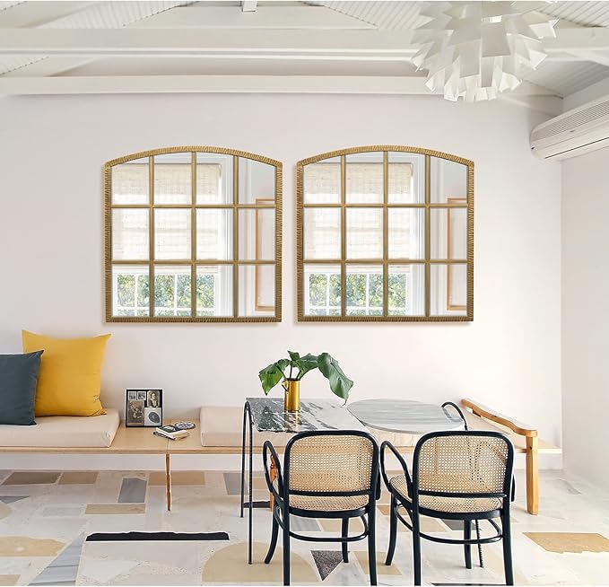 36 Inch Arched Window Mirror, Windowpane Decorative Mirror with Beveled, Metal Large Accent Mirrors, Grid Wall Mirrors for Living Room, Entryway, Vintage Gold