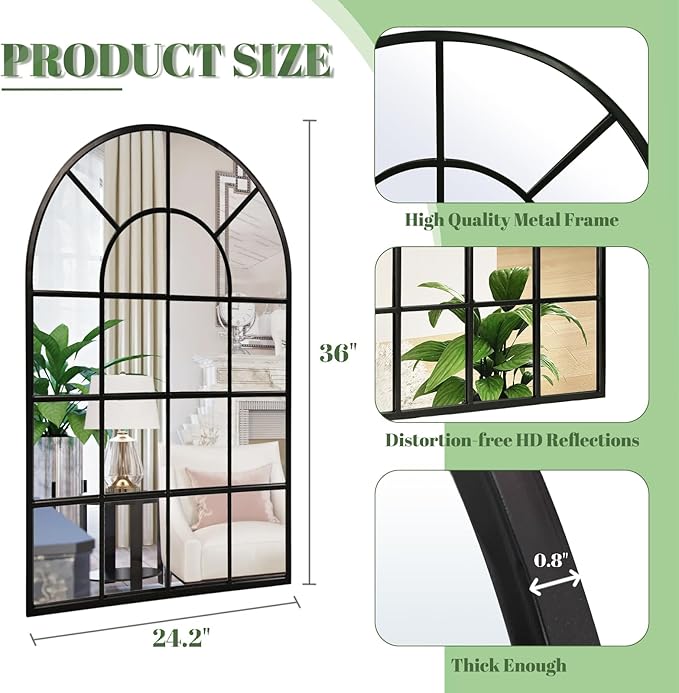 Black Arched Window Mirror, Large Window Pane Mirror, Metal Framed Windowpane Mirrors, 24" X 36" Arched Wall Mirrors for Wall Decor, Entryway, Living Room
