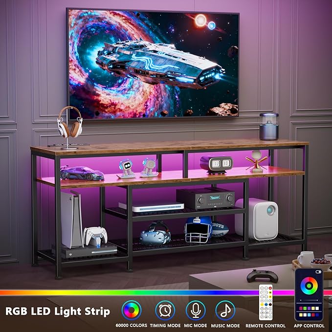 Furologee TV Stand with Power Outlets and LED Lights, 55 Inch Entertainment Center for 55 60 Inch TVs, Media Console Table with Open Shelves, for Bedroom, Living Room, Rustic Brown