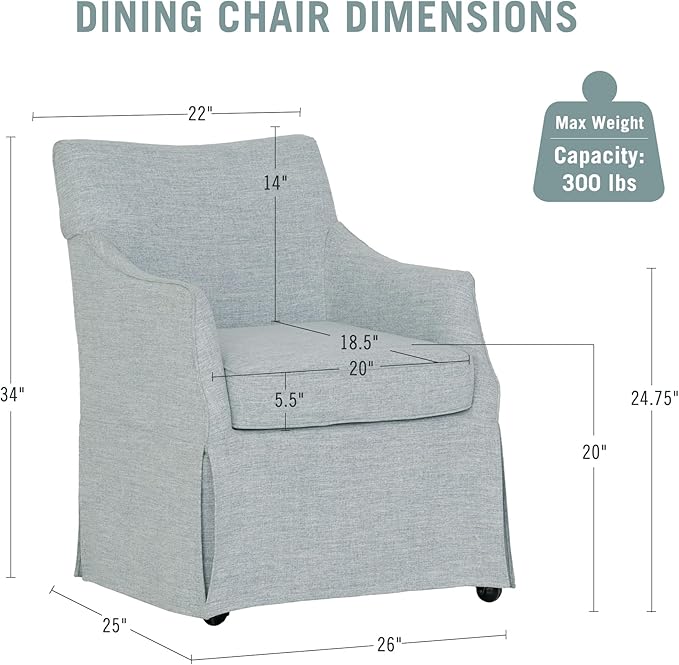 Martha Stewart London Upholstered Skirted Dining Arm Chair with Casters – Curved Back, Removable Seat Cushion, for Dining Room, Home Office, or Living Space, Light Blue