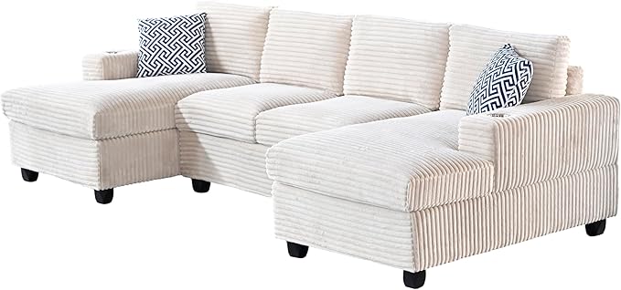 Ball & Cast 124" U-Shaped Sectional Sofa Couches for Living Room with Double Chaise,Cup Holders & Pillows,4 Seat Striped Corduroy Upholstered Modern Modular Sectional Sofa Set,for Home,Office,Beige