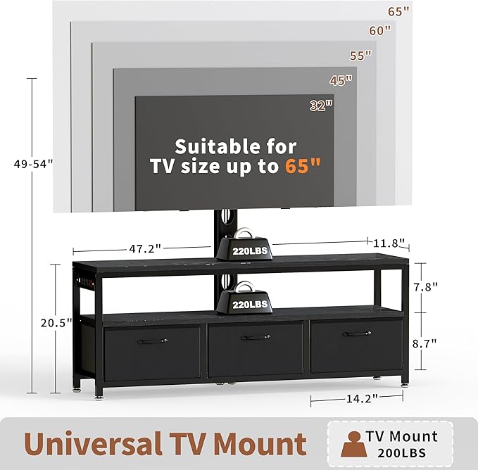 JUSTOGO TV Stand with Mount and Power Outlet, TV Stand Mount with Storage for Living Room, Entertainment Center with LED Lights for 45/55/60/65 inch, Height Adjustable Media Console, Black