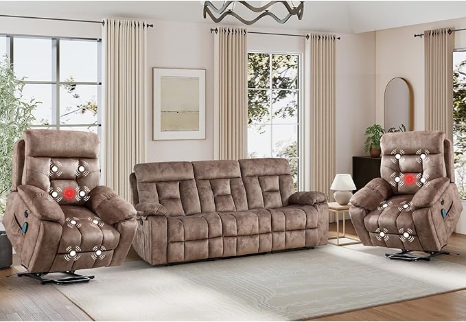 EBELLO Reclining Living Room Set, Soft Fabric Manual Recliner Sofa Furniture Set, Includes 2 Power Lift Recliner Chairs with Massage and Heat and 3 Seat Sofa, Brown