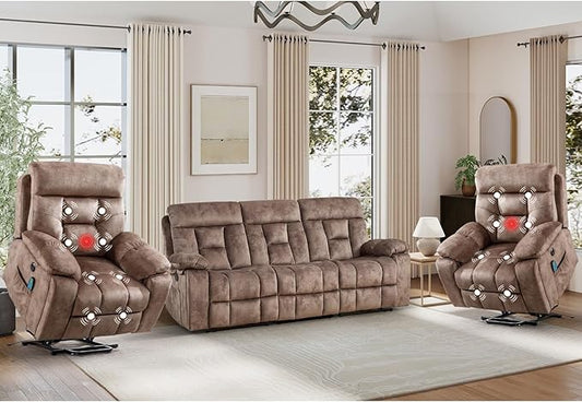 EBELLO Reclining Living Room Set, Soft Fabric Manual Recliner Sofa Furniture Set, Includes 2 Power Lift Recliner Chairs with Massage and Heat and 3 Seat Sofa, Brown